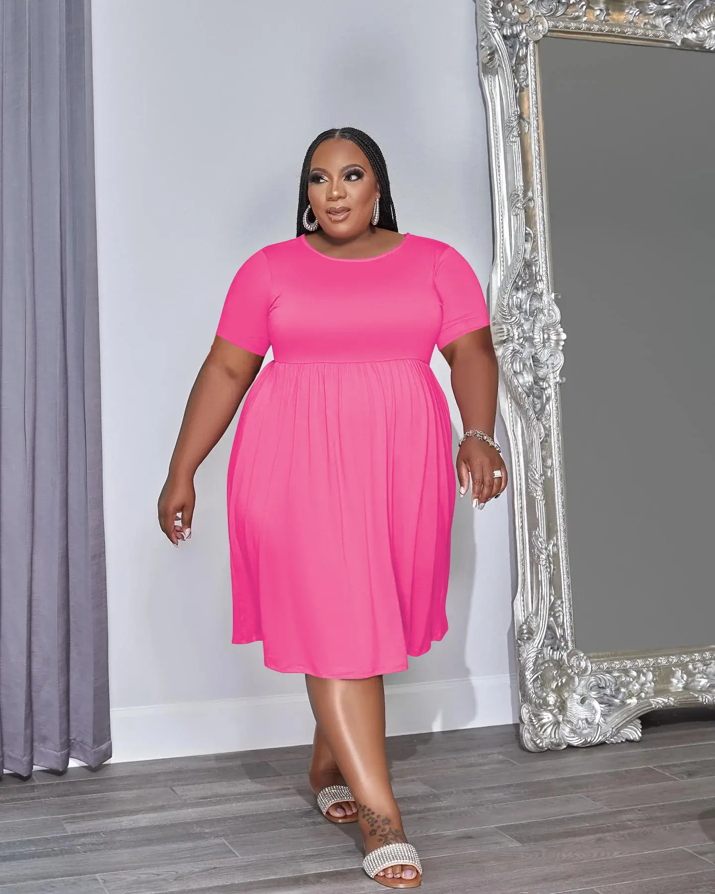 Women's Plus Size Short-Sleeve Minimalist Basic Polyester Casual Dress, Casual Wear Oversize T-Shirt Dress, Shortsleeve, Round Neck