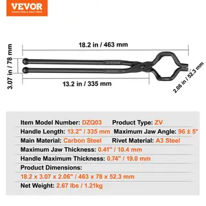 VEVOR Blacksmith Tongs, 18 Z V-Bit Tongs, Carbon Steel Forge Tongs with A3 Steel Rivets, for Knife Blades, Long Pieces, Circular Forgings, for Beginner and Seasoned Blacksmiths and Bladesmiths