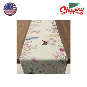 Spring Decorations - Daisy Eucalyptus Lavender Floral Leaves Summer Table Runner