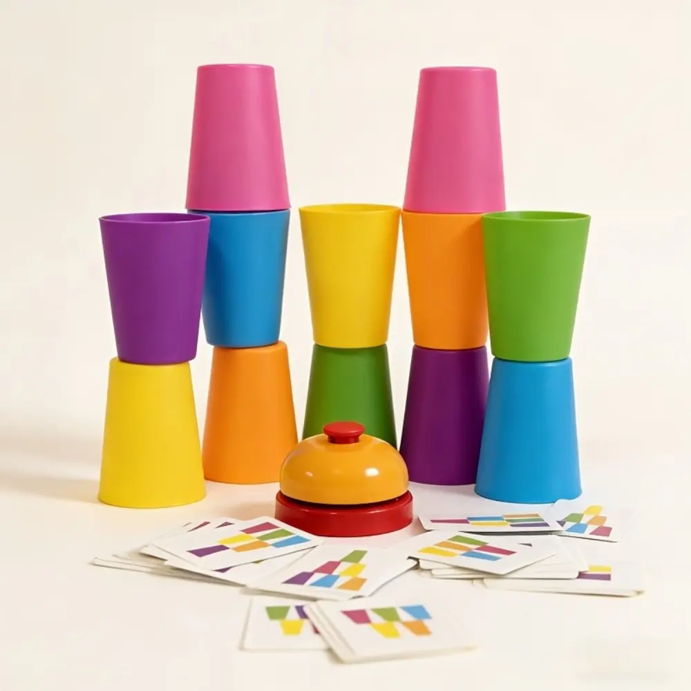 1-2 Player Quick Stacking Cups Game Set with Bell & Challenge Cards, Kids Color Matching Educational Toy for Toddler Hand-Eye Coordination Training, Family Interactive Board Game for Home Party