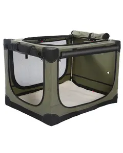 Collapsible Travel Dog Crate for Medium Large Dogs Portable Oxford Cloth 4-Door Foldable Soft Kennel with Chew-Proof Mesh Windows for Indoor & Outdoor Travel with Storage Bag Green - Animal Carrier