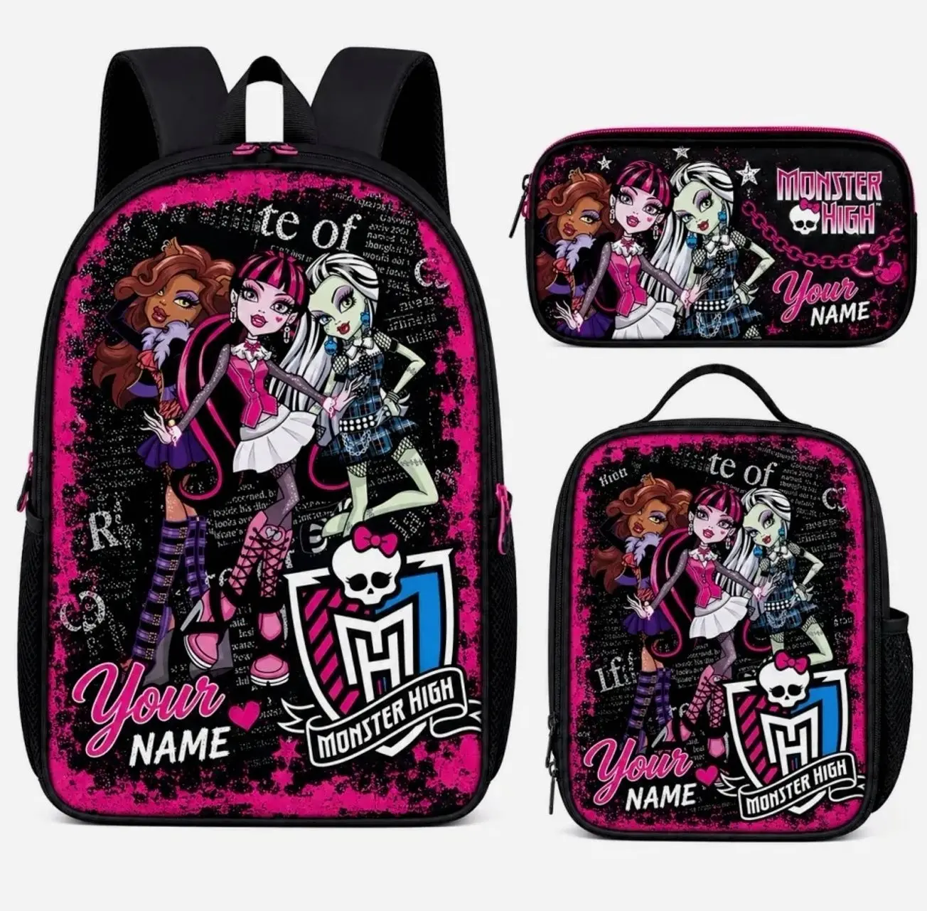 Custom Name Gothic Girls Backpack Set, 3 Piece School Bag with Pencil Case