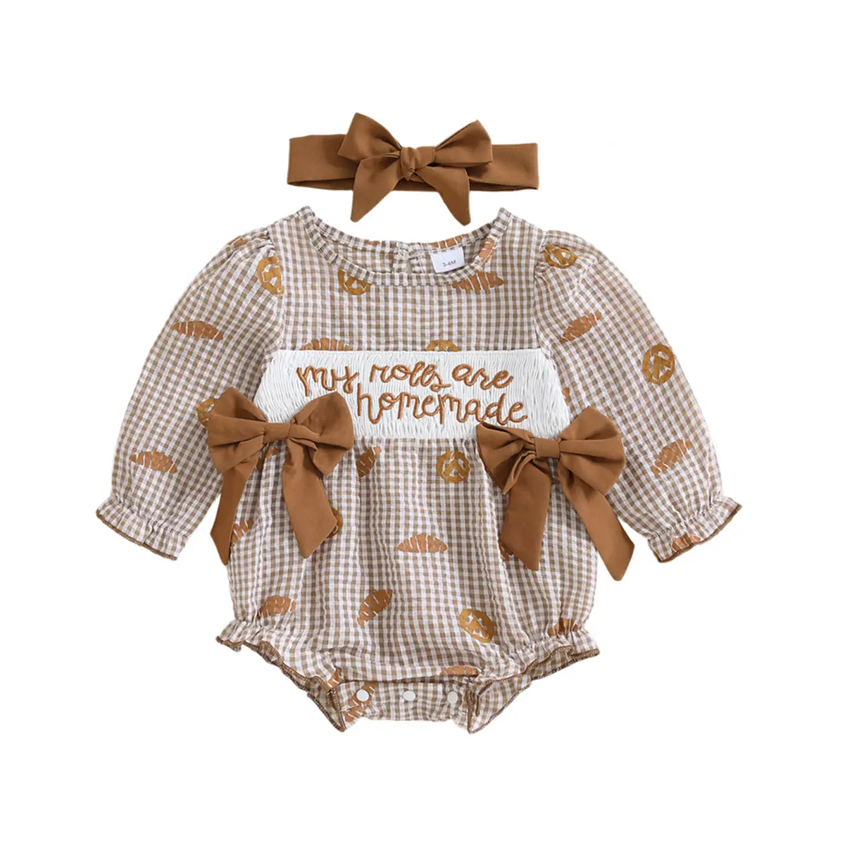 Baby Girls Clothing Set, 'My Rolls are Homemade' Long Sleeve Smocked Bubble Romper and Headband, Cotton Blend Thanksgiving Toddler Outfit with Crew Neck and Button Closure for Holidays, Fashion Apparel, Croissant, Polyester, Ruffles