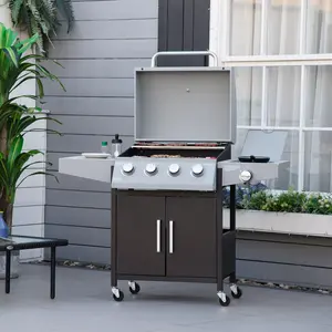 52" Barbecue Grill with Wheels 4+1 Burner Liquid Propane Gas Grill Outdoor Cabinet Style BBQ Trolley w/ Side Burner, Warming Rack, Storage Cabinet