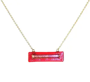 Pink Dichroic on Red Transparent Fused Glass Bar Necklace