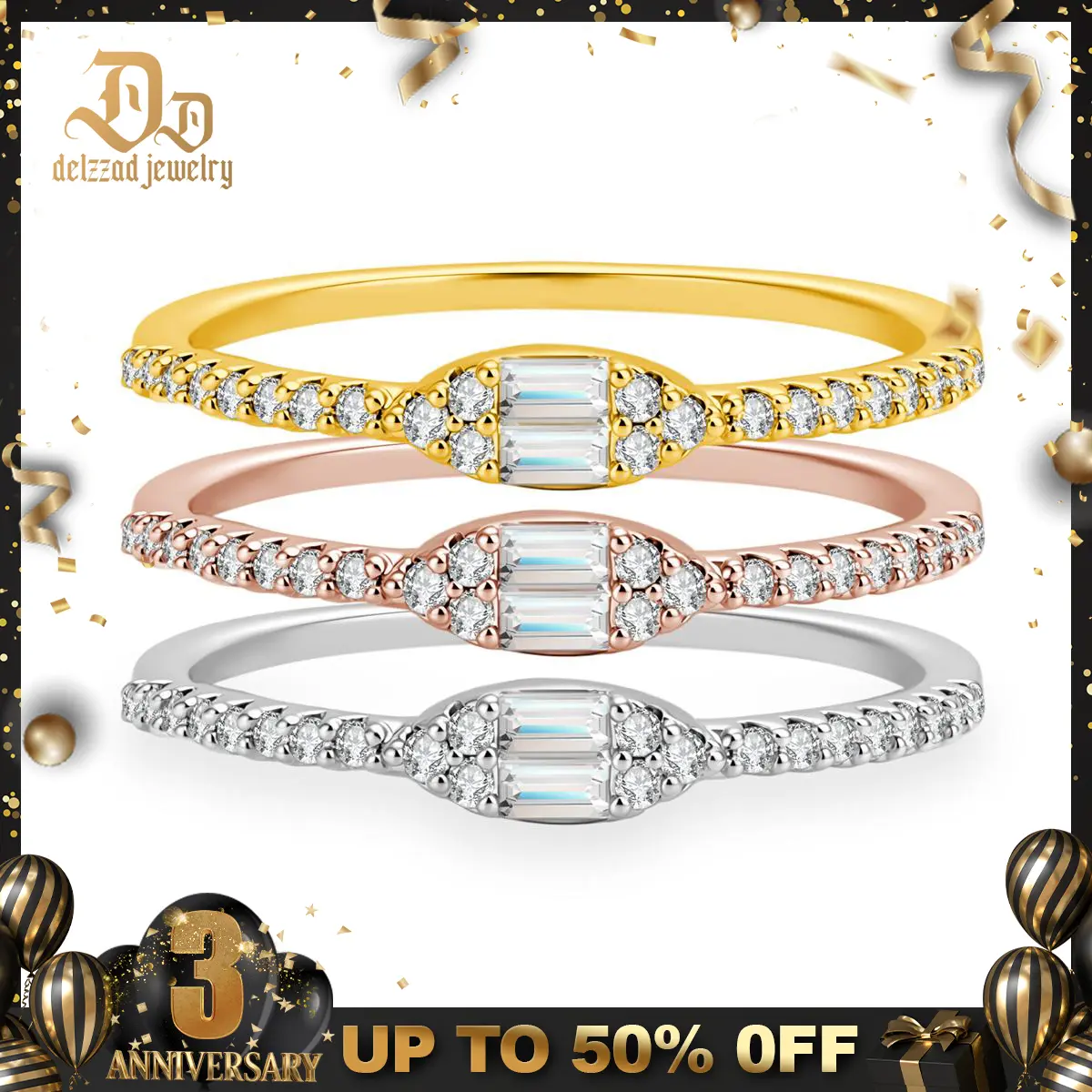 Delzzad 14K Gold-Plated 0.6ct Layered Memories Ring The Tri-Color Radiance Ring Stackable Wedding Band Ring VVS Synthetic Moissanite Ring Jewelry Perfect Birthday Engagement Wedding Anniversary Christmas Valentine's Day Mother's Day Gift