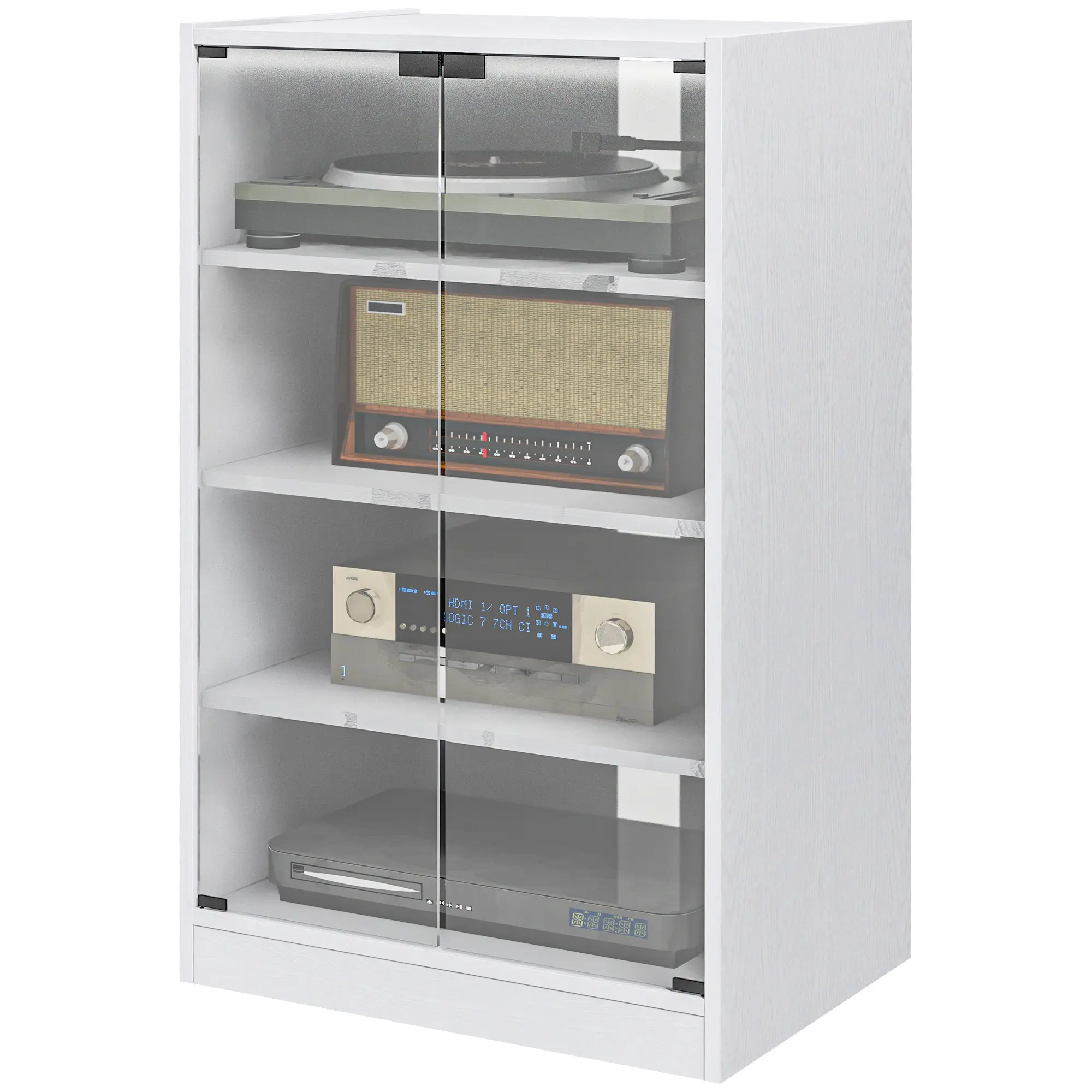 4 Tier Stereo Cabinet Distressed White Cable Management Hides Wires Adjustable Shelves for Amp DVD Player Center Channel Speaker for Home Office Nursery Reading Nook
