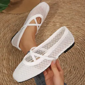 Women's Square Toe Mesh Flats Crisscross Strap Breathable Casual Ballet Shoes