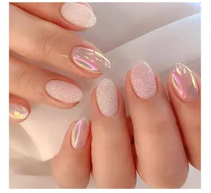 Almond Press on Nails Short Round Fake Nails Chrome Glossy False Nails with Glitte Powder Press ons Designs Acrylic Nails Press on Artificial Nails Stick on Nails for Women 24Pcs