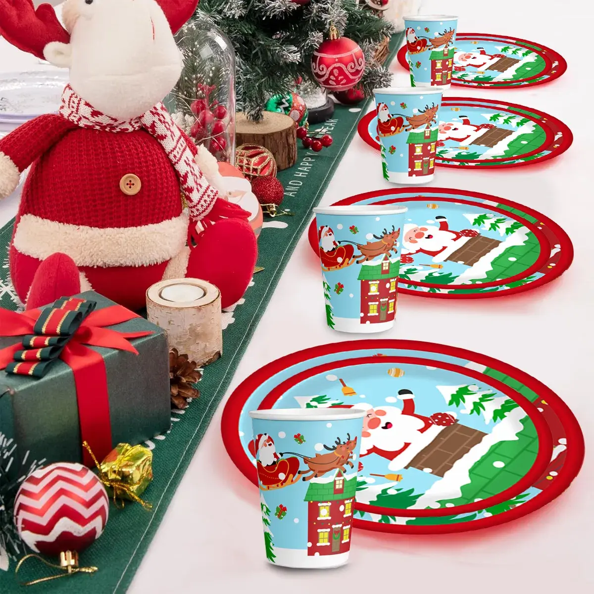 Christmas Paper Plates and Cups Set Decorations for 10 Guests Santa Claus Elk Pattern Plates and Cups for Winter Holiday Christmas Party Decorations