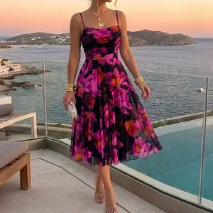CHICME Women's Vintage Oil Painting Floral Print Cowl Neck Adjustable Spaghetti Straps A Line Mesh Dress Elegant Cinched Waist Ruched Zipper Back Party Dress