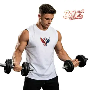 Buy 3 Get 1 Free 4-Pack Men’s White Gym Tank Tops with Patriotic American Eagle White Ink Logo, Sleeveless Workout Muscle Tees, Breathable Moisture-Wicking Athletic Shirts for Lifting & Training, Loose Fit Sportswear, Sizes S–3XL, 4-Piece Value Bundle