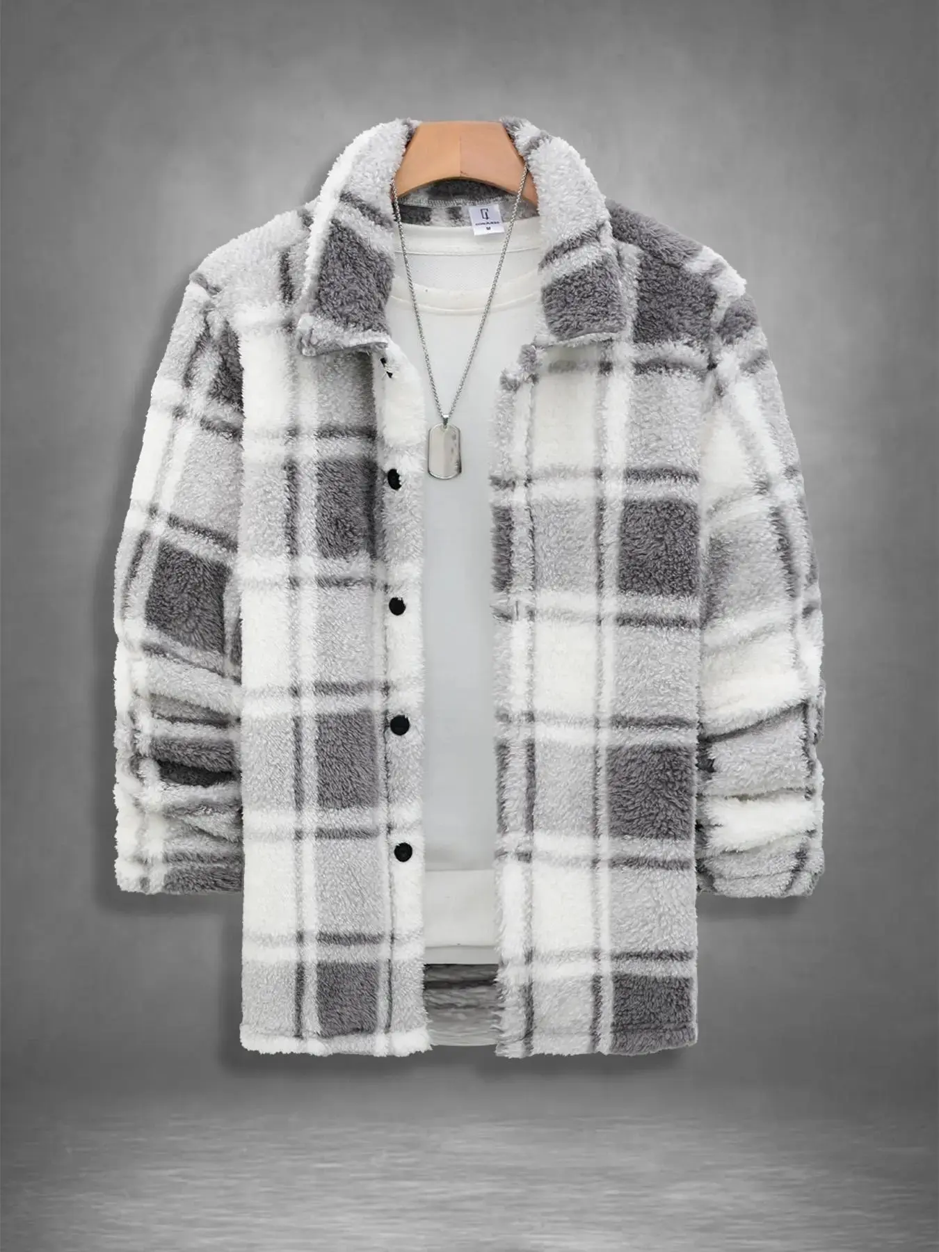 Men's Plaid Print Button Front Fuzzy Lounge Jacket, Casual Long Sleeve Collared Outerwear for Fall & Winter, Men's Sleepwear for Daily Wear, Casual Style Outerwear, Casual Fitted Jacket, Casual Jacket Coat