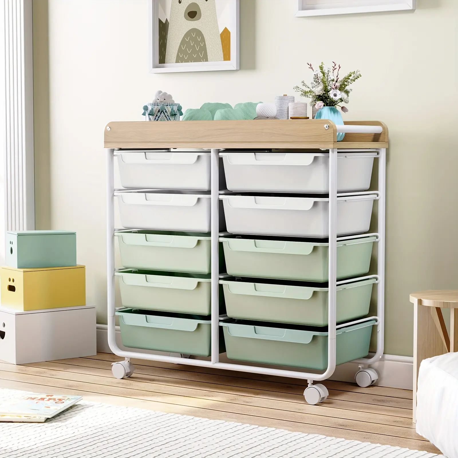 TOOLF 10-Tier Rolling Storage Cart Featuring Spacious Drawers, a Portable Organizer with a Tabletop, Versatile Utility Cart Suitable for Home, Office, And Classroom Use, Perfect for Organizing for art Materials, Crafts, Cosmetics