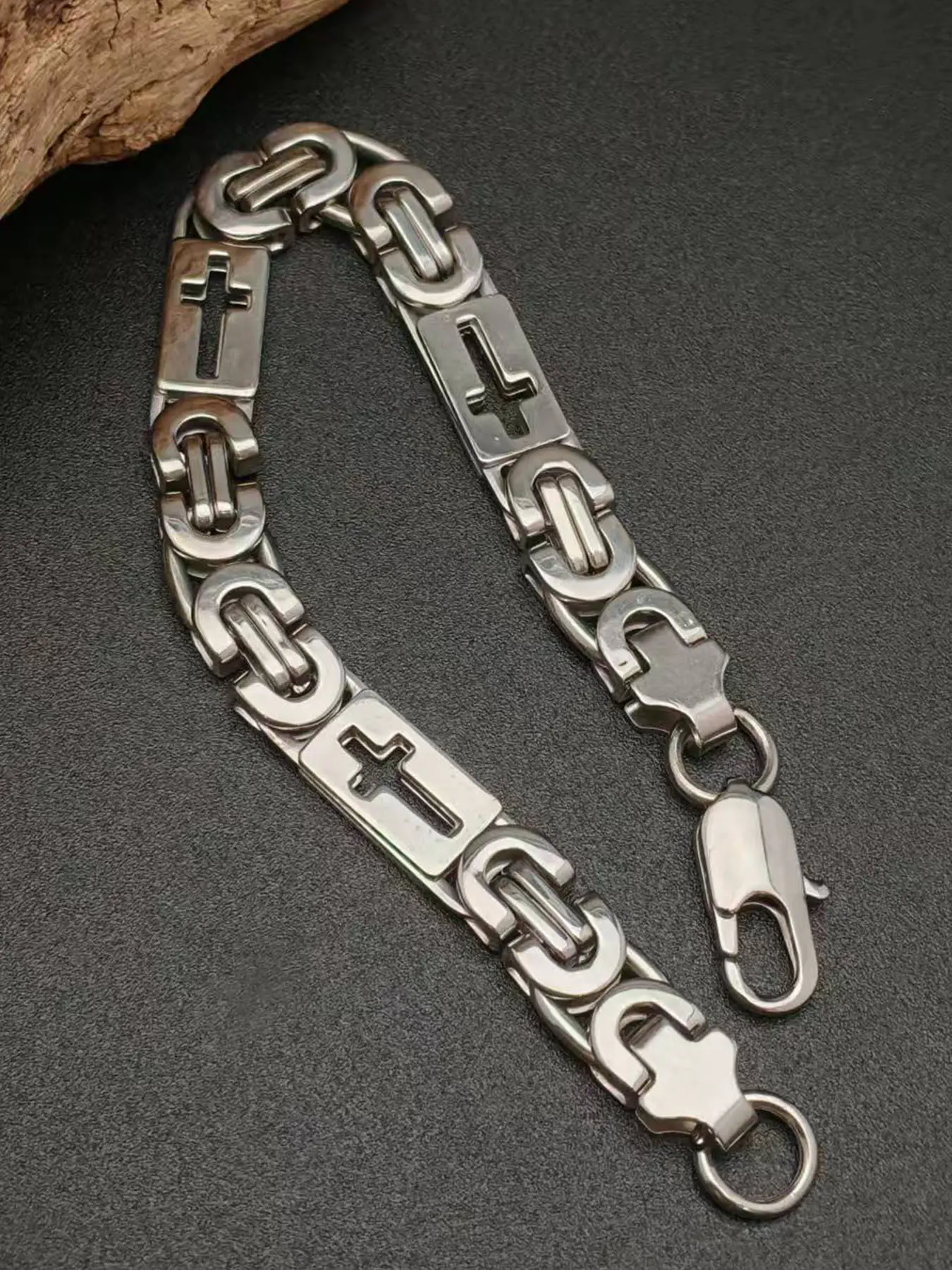 A stainless steel hollow cross bracelet for retro men, a silver Byzantine handmade chain bracelet, and fashionable punk jewelry, Fashion Cross Bangle, Fashion Bracelets