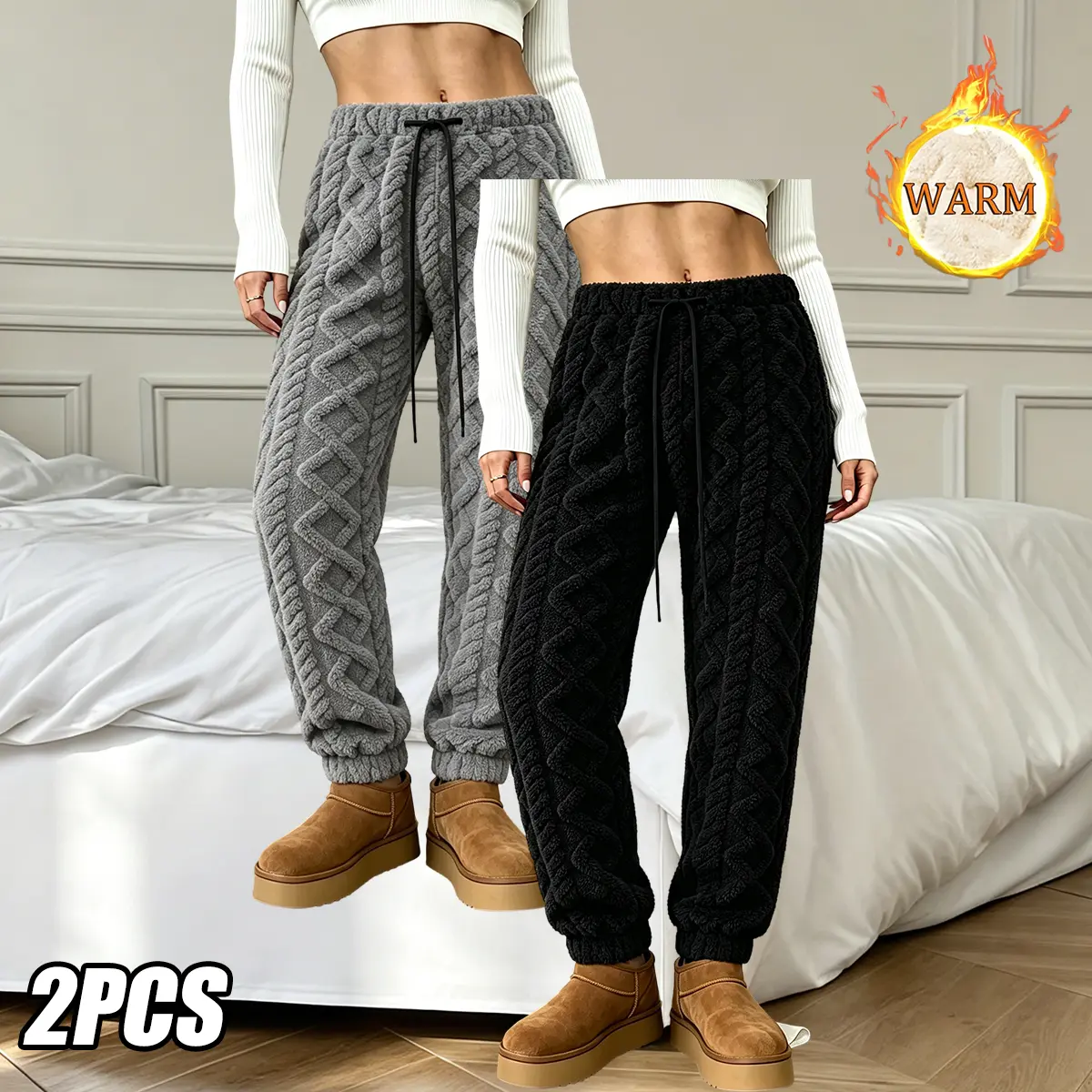 2PCS women’s fleece-lined long pants, fleece-lined jacquard pants, loose unisex pants, fleece-lined wide-leg casual pants, comfortable fabric, relaxed everyday bottoms, low-rise street casual, lightweight straight-leg casual pants | soft everyday fleece p