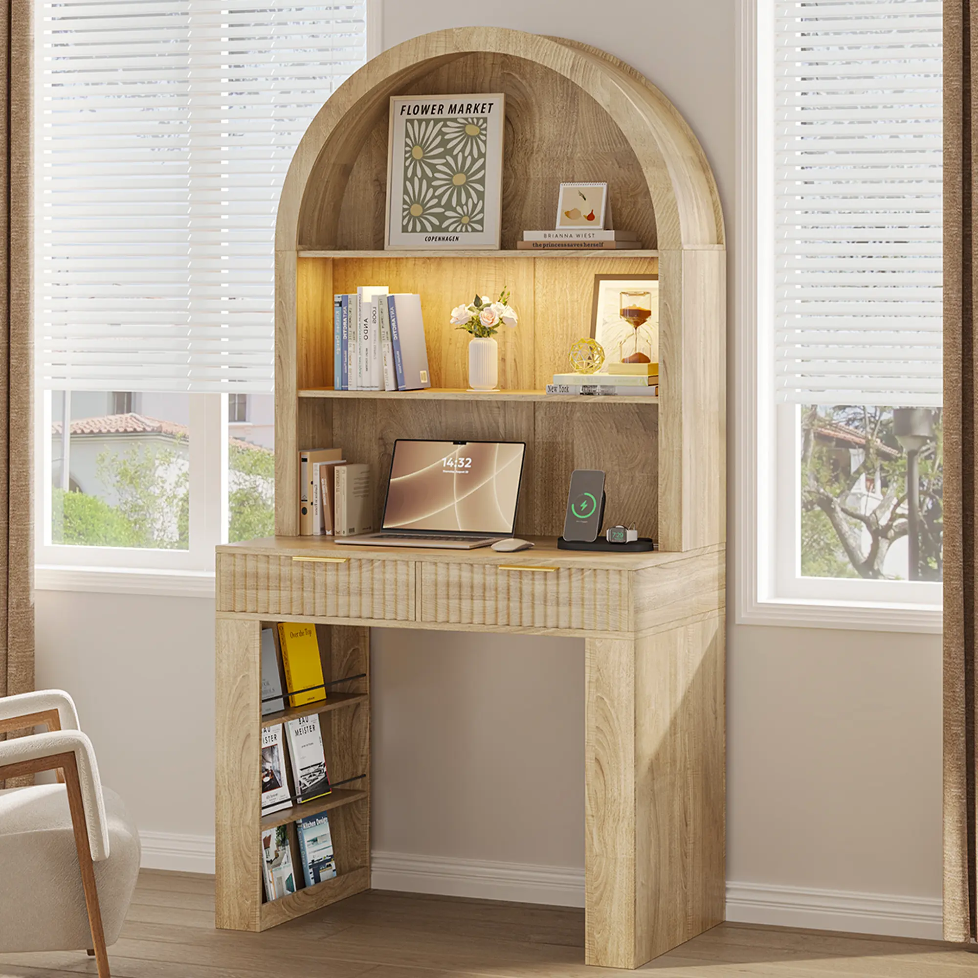 Arched Desk for Home Office Computer Desk with 2  FlutedDrawers & Hutch Wood Writing compact Desk with Power Outlets 3 Color LED Lights Side Open Shelves Modern Fluted Design 35.4 W x 70.8 H