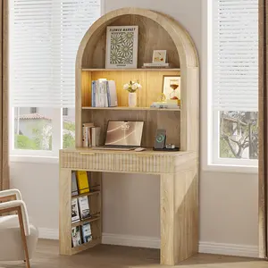 Arched Desk for Home Office Computer Desk with 2  FlutedDrawers & Hutch Wood Writing compact Desk with Power Outlets 3 Color LED Lights Side Open Shelves Modern Fluted Design 35.4 W x 70.8 H