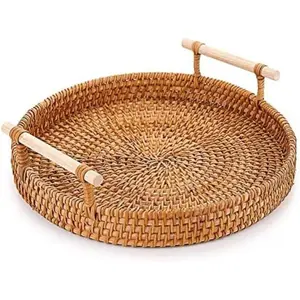 Rattan Tray 8.7-Inch Round Serving Tray Decorative Trays for Coffee Table Decorative Tray |   Woven Tray for Bread, Wicker Tray Coffee Table Basket Tray with Handles for Fruit Vegetables Restaurant etc.