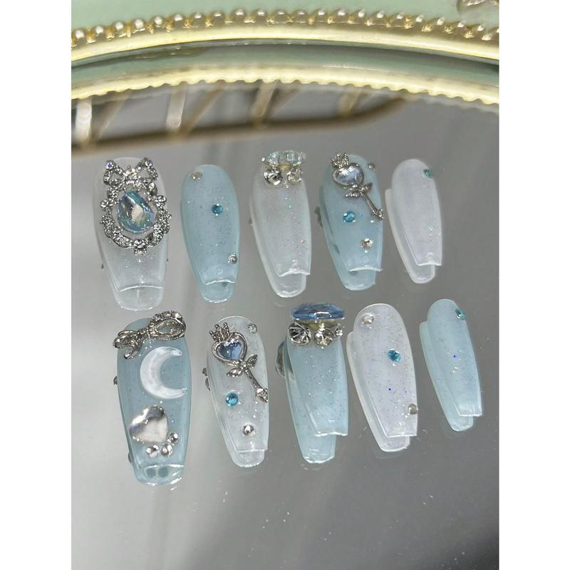 10pcs Handmade Long Coffin Blue False Nails With Butterfly, Flower, Moon, Blue Dove Egg Patterns, Full Cover False Nail Tips With Glitter For Party Press On Nails Nail Supplies