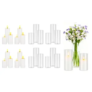 VEVOR Pillar Candles and Glass Vases Set 24 Pcs, Clear Cylinder Hurricane Candle Holders for Wedding Centerpieces, Tall Vase for Table Decor, Wedding Party, Thanksgiving,White (2.56" x 4.7",5.9",7.9")