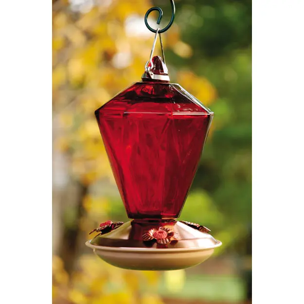 WoodLink WLH9 Brushed Copper Diamond Glass Hummingbird Feeder - Ruby Glass, Rust-Resistant, Hand-Washable Bird Feeding Tool for Attracting Birds