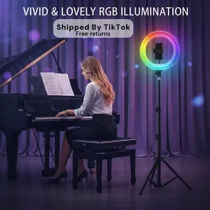 10 Inch RGB Selfie Light with 110cm Stand -Complete Studio Setup for Perfect Makeup, YouTube Videos, and Professional Live Streaming Sessions. #zoom call ulan tripod a rodeluz ring with tripod ring glow youtube tiktok video light #Mother's Day Gift
