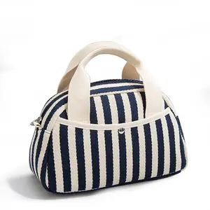 Ladies' Navy Blue Stripe Handbag - Durable Zipper Closed Work Tote Bag, Spacious Polyester Lining Design, Suitable for Daily and Workplace Use, Elegant Stripe Pattern, Sturdy Handle Structure