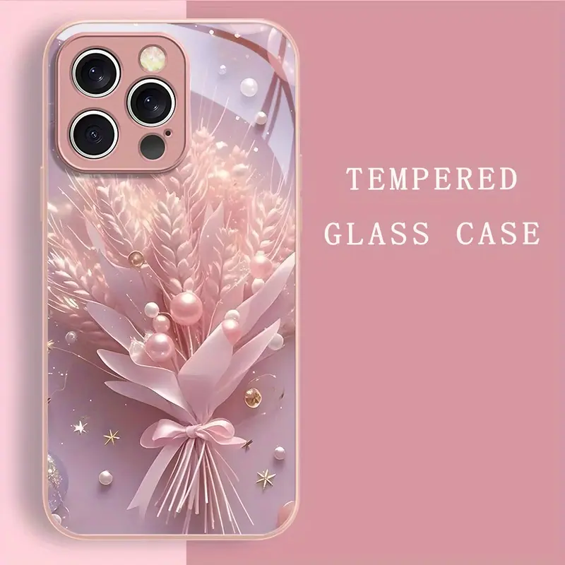 Luxury Tempered Glass Case for Multiple iPhone Models (13-17 Pro Max) - Blush Pink Pearl Ear of Wheat Bouquet Accessory, Shockproof Protection, Included Screen Protector, All-in-1 Lens Accessories, Iphone 17