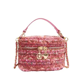 The "K" Bag - Pink/ Hot Pink Tweed and Beige/ Black Crossbody Bag with Gold Hardware and Heart Charm for Women
