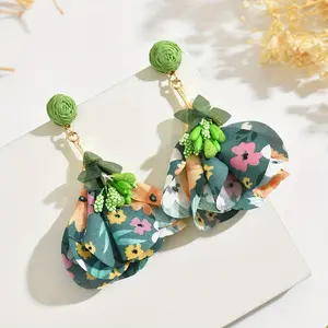 1 Pair Handmade Bohemian Vintage Floral Dangle Earrings - Colorful Fabric Flower Drop Earrings with Golden-Tone Hooks, Summer Festival Party Jewelry, Unique Gift for Women, Unique Gift Jewelry | Artistic Jewelry | Leaf Motif Accents, Quirky Earrings