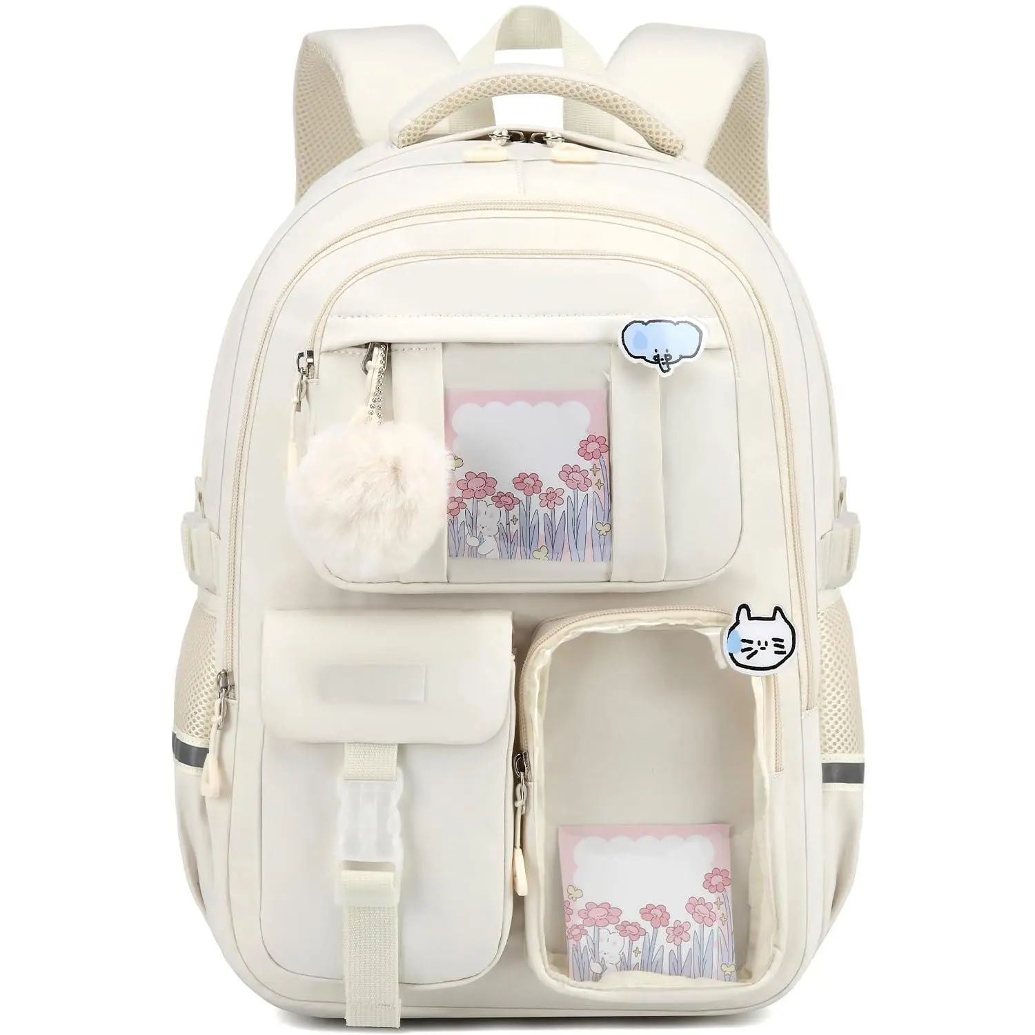 Backpack For Teen  Cute Aesthetic School Backpacks With Accessories Middle High Students Designer Bookbag Beige
