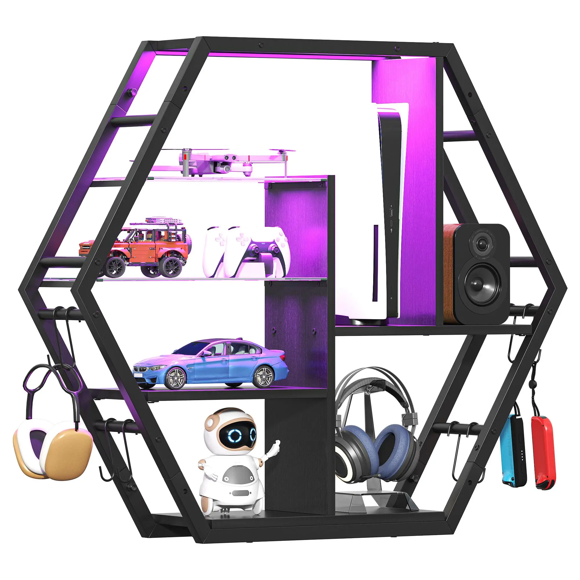Hexagon Gaming Floating Shelves 39.4 inch LED Wall Mounted with Glass & 8 Hooks 5 Tier RGB Lighting for Bedroom Coffee Bar Decor