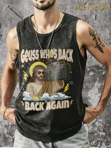 Tank top featuring a fun Jesus image wearing sunglasses while holding a retro boombox (portable recorder), GUESS WHO’S BACK/BACK AGAIN Jesus Resurrection theme tank top, “Jesus with a Recorder” trendy and quirky themed tank top