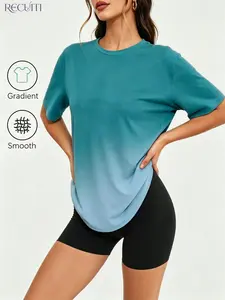 RECUITI Women's Gradient Round Neck Short Sleeve T-Shirt, Loose Fit Breathable Sportswear, Ideal for Running and Fitness, Summer Casual Top