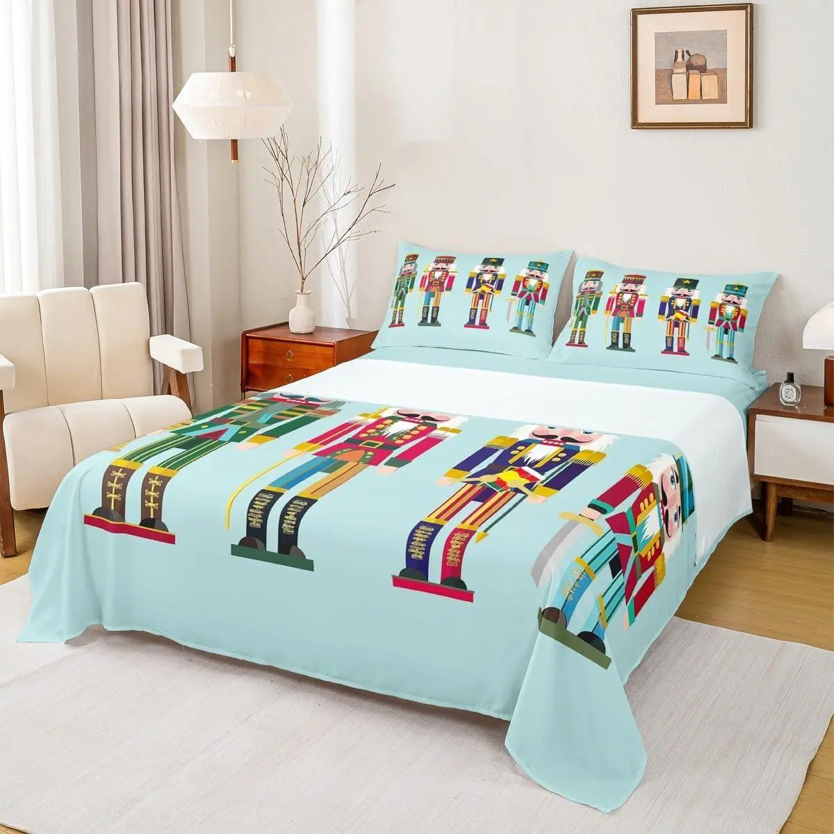 Nutcracker Bedding Sets Merry Christmas Fitted Sheet Cartoon Royal Guarder Bed Sheets Xmas Gift with Deep Pocket ( Top Flat Sheet Fitted Sheet Pillow Cases) Ultra Soft Child Room Decor