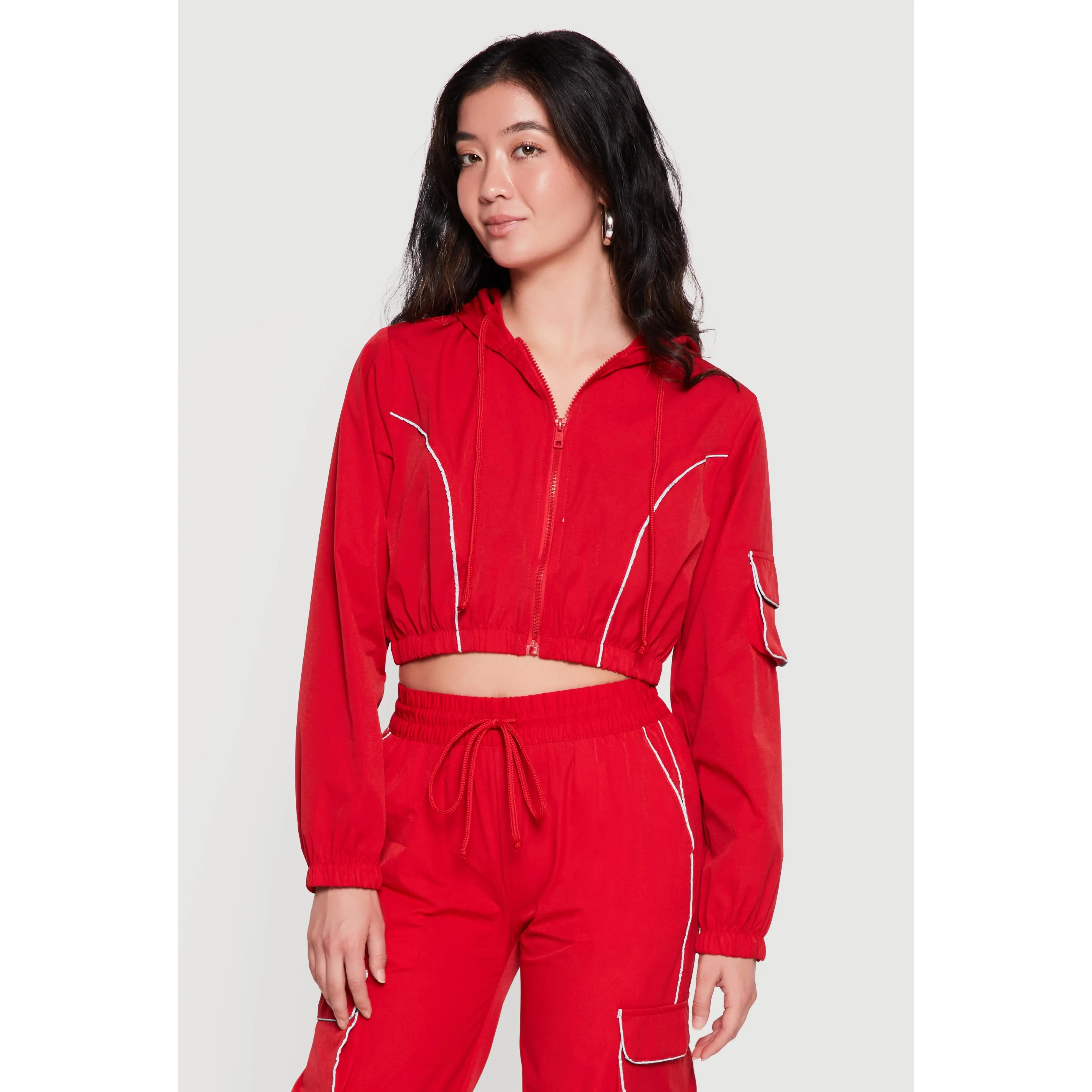Nylon Cropped Zip Front Hooded Jacket