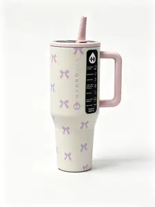 HydroJug 40oz Insulated Stainless Steel Tumbler Flasks - BPA-Free, Cup Holder Friendly, with Straw, Ergonomic Handle, Light Pink Bow & Skull Plaid Print, Ideal for Sports & Office Use outdoorfun