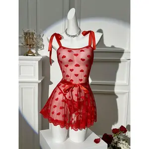 Gendery Women's Valentine's Day Heart Lace Lingerie Dress with Thong Romantic Pink Base & Red Heart Pattern Adjustable Bow & Belt Design Semi-Sheer Mesh & Lace Detail Perfect for Intimate Festivals