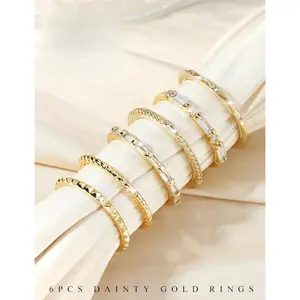 6pcs Hypoallergenic Gold Rings for Women, Non-Tarnish Stackable Wedding Bands, Dainty Promise Rings, CZ Jewelry Set, Valentines/Birthday Gift for Her, Size 5-10, Minimalist Luxury Design