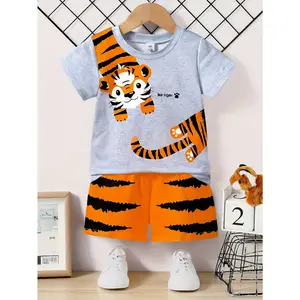 Summer boys' cute tiger letter print knitted crew and casual shorts set, outdoor activities