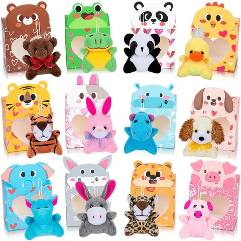 Valentines Day Gifts for Kids Classroom 24 Pack Valentines Card Boxes with Heart Window Mini Animal Toys Keychains Bulk for Boys Girls Classroom Exchange Party Favor School Teacher Student