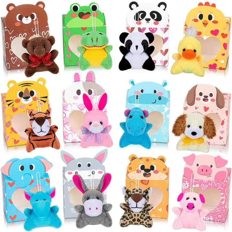 Valentines Day Gifts for Kids Classroom 24 Pack Valentines Card Boxes with Heart Window Mini Animal Toys Keychains Bulk for Boys Girls Classroom Exchange Party Favor School Teacher Student
