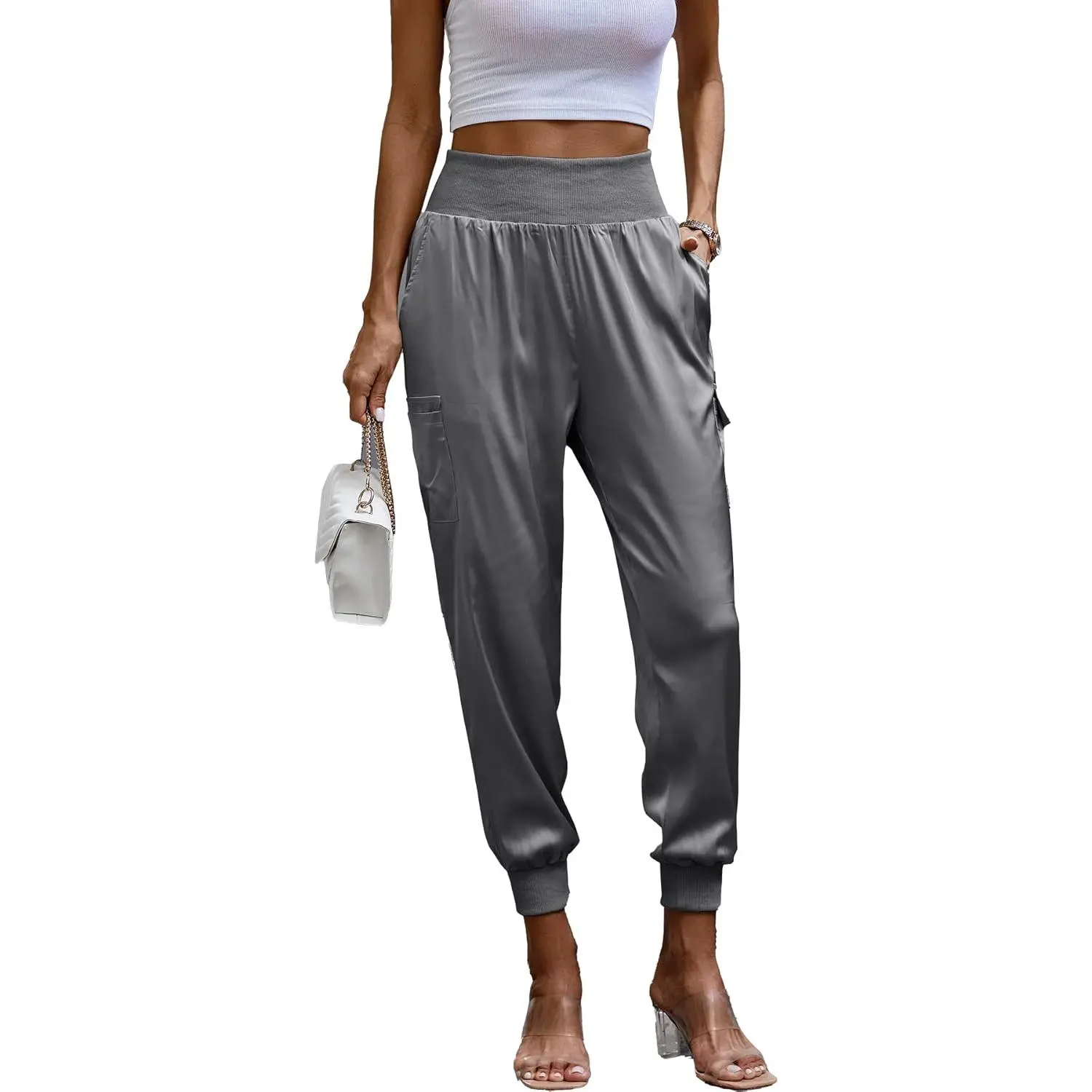 Women's Silky Satin Jogger Pants, Dressy High Waist Cargo Trousers with an Adjustable Waist, Slim Fit Activewear for Lounge & Outdoor, Athletic, Bottom, Sports Clothes