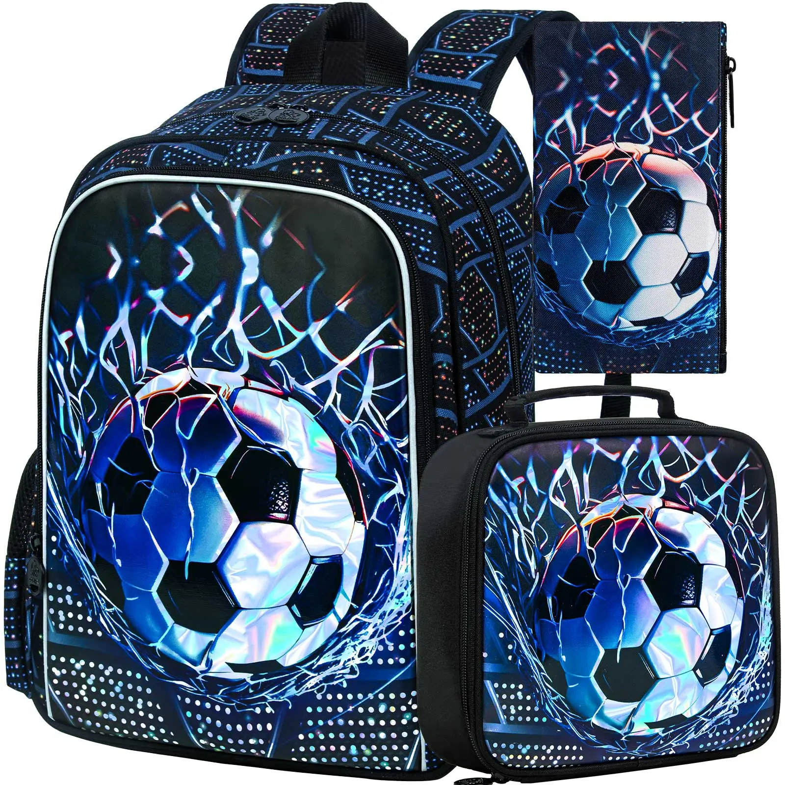 3Pcs Soccer Backpack for Boys, 17" Kids School Bookbag with Lunch Box, Football Backpacks Set for Elementary Preschool Kindergarten(Black)