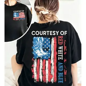 Courtesy Of Red White And Blue T-shirt,Western Cowboy Boot USA Flag Tee, America 250th Anniversary Patriot Tee