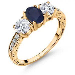 Gem Stone King 18K Yellow Gold Plated Silver Gemstone Birthstone 3-Stone Engagement Ring for Women | Oval 7X5MM and Round 5MM | Filigree and Milgrain Detail | Three Stone Wedding Anniversary Promise Ring | Size 5-9