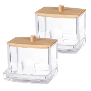 Clear Cotton Swab Dispenser with Bamboo Lid—Acrylic Qtips Dispenser, Easy-Access, Cotton Swab and Cotton Ball Holder, 2pc