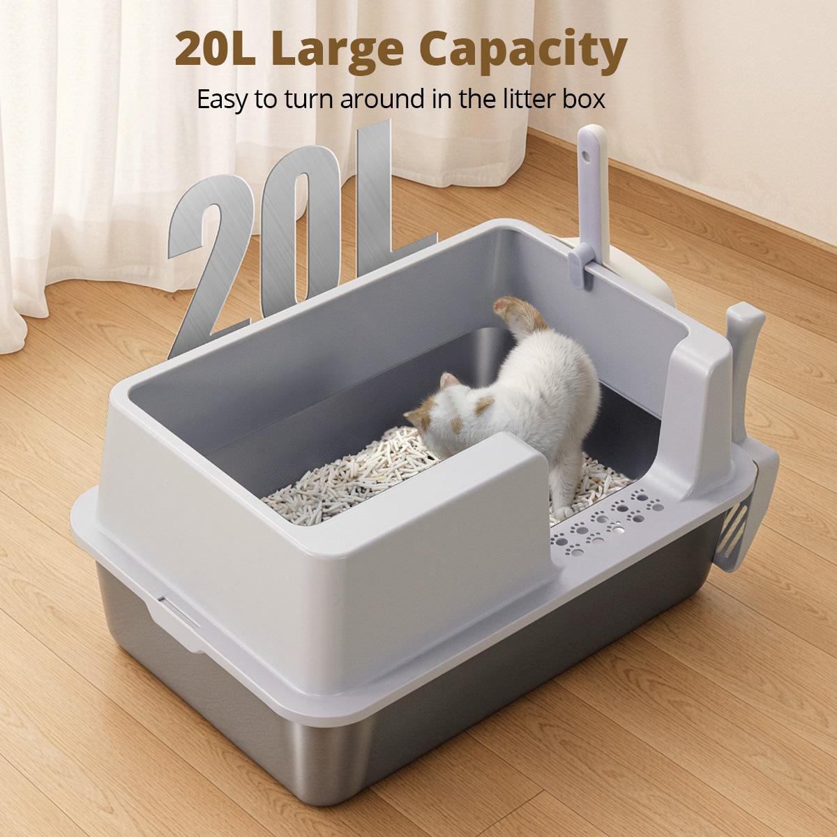 CAVEEN Stainless Steel Cat Litter Box, 20L Large Capacity XL, Easy to Clean, High Sided, Anti-Urine Leakage, Non-Stick Bottom & Non-scratch & 2xScoop, for Large/Medium/Small Cats