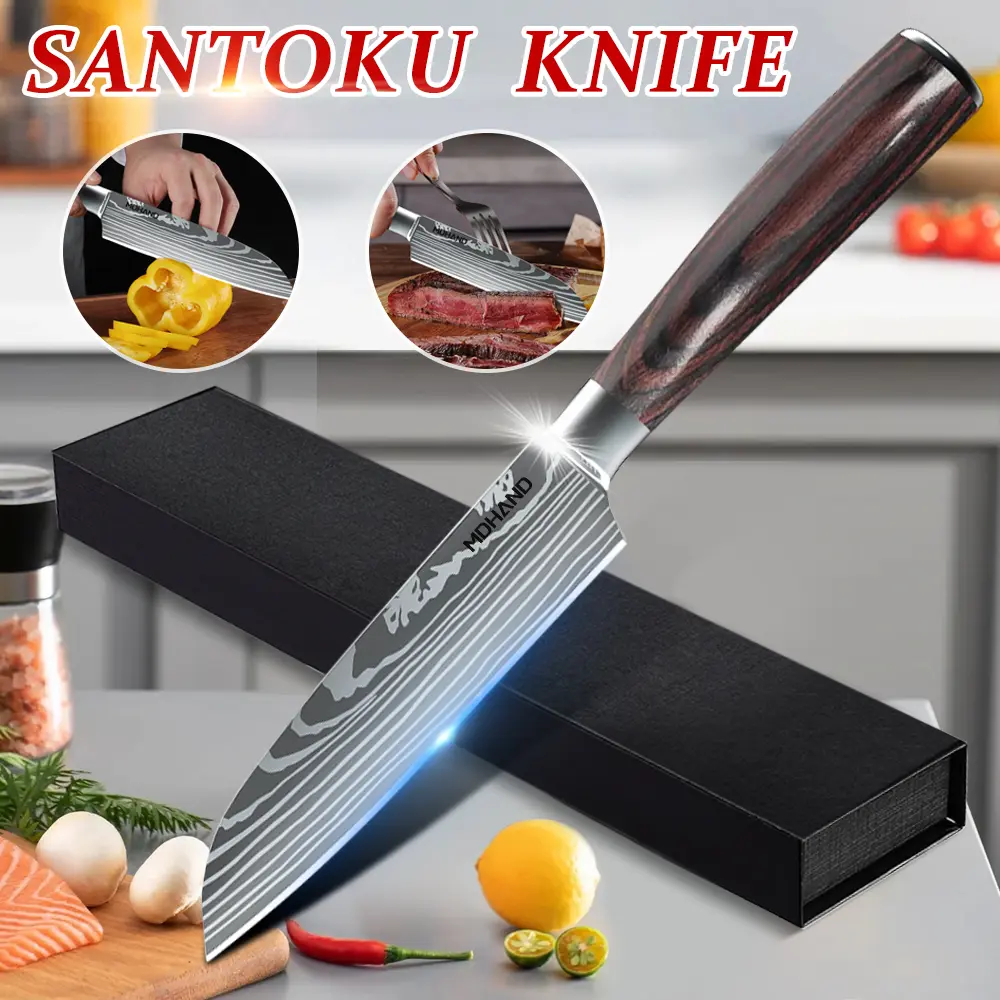 Santoku Chef Knife Gift Box - 7CR17 Stainless Steel Blade with Laser-Etched Damascus Pattern, Ergonomic Balanced Pakkawood Grip, Smooth Polished Edge, Easy Clean & Maintain, for Home Slicing (Sheath Not Included)
